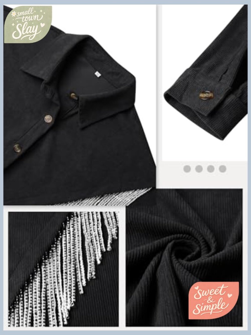 Rhinestone Fringe Corduroy Shacket Jacket Long Sleeve Button Down Concert Outfit - Picture 5 of 7